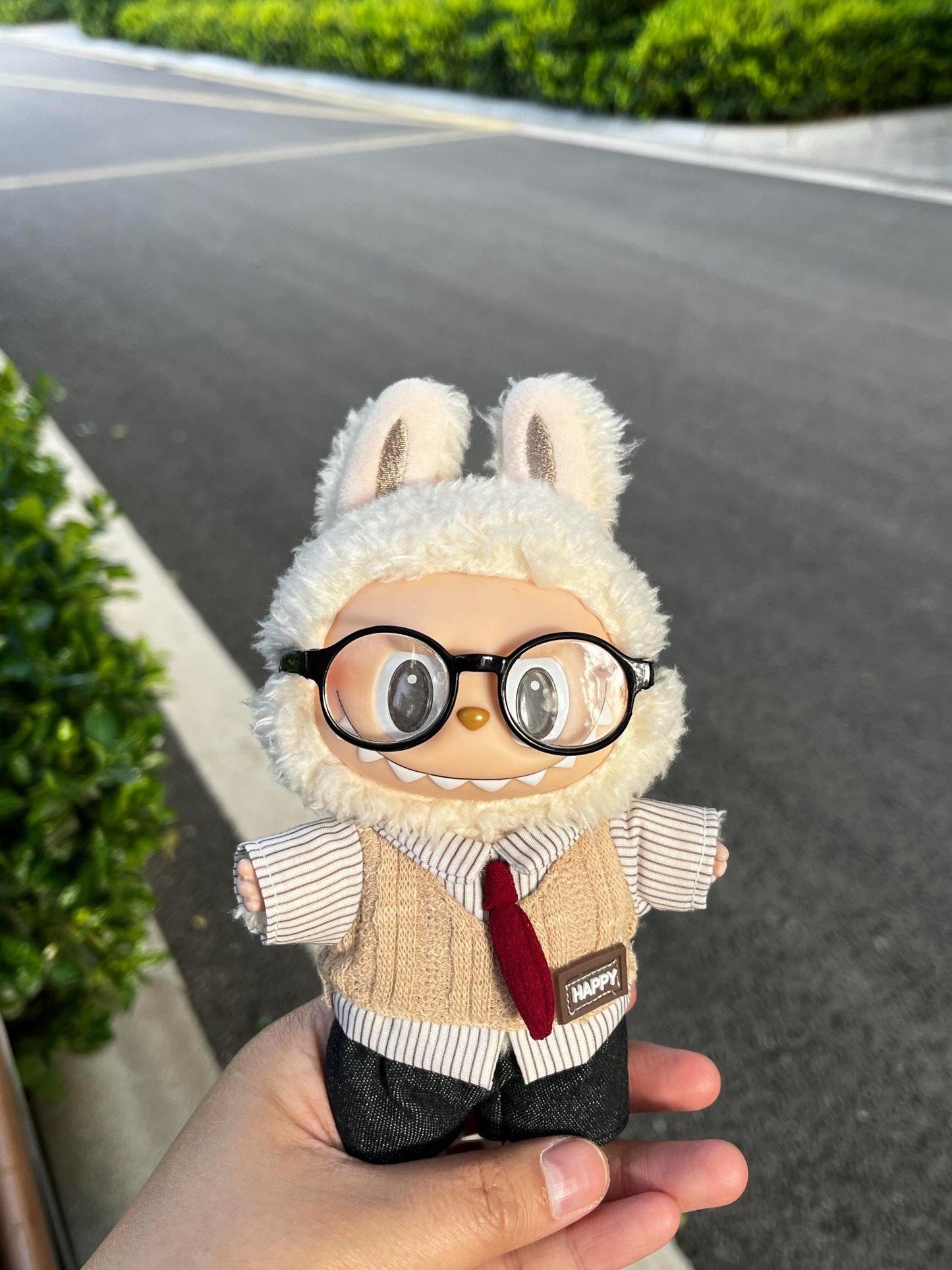 Labubu Clothes Set – Handmade Knit Vest, Shirt, Tie & Shorts Outfit | Cute Doll Clothing for Labubu Figure | Labubu Fashion Dress-Up