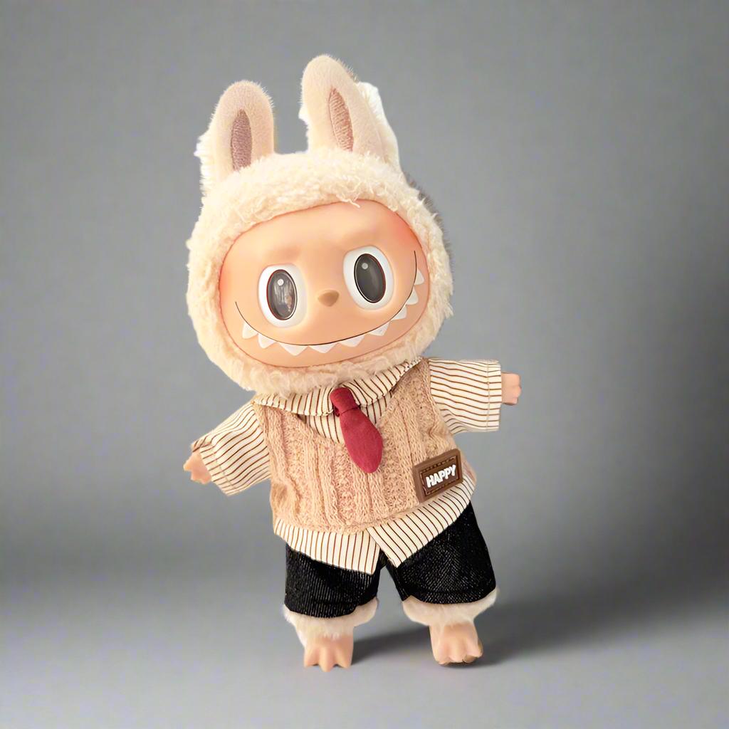 Labubu Clothes Set – Handmade Knit Vest, Shirt, Tie & Shorts Outfit | Cute Doll Clothing for Labubu Figure | Labubu Fashion Dress-Up