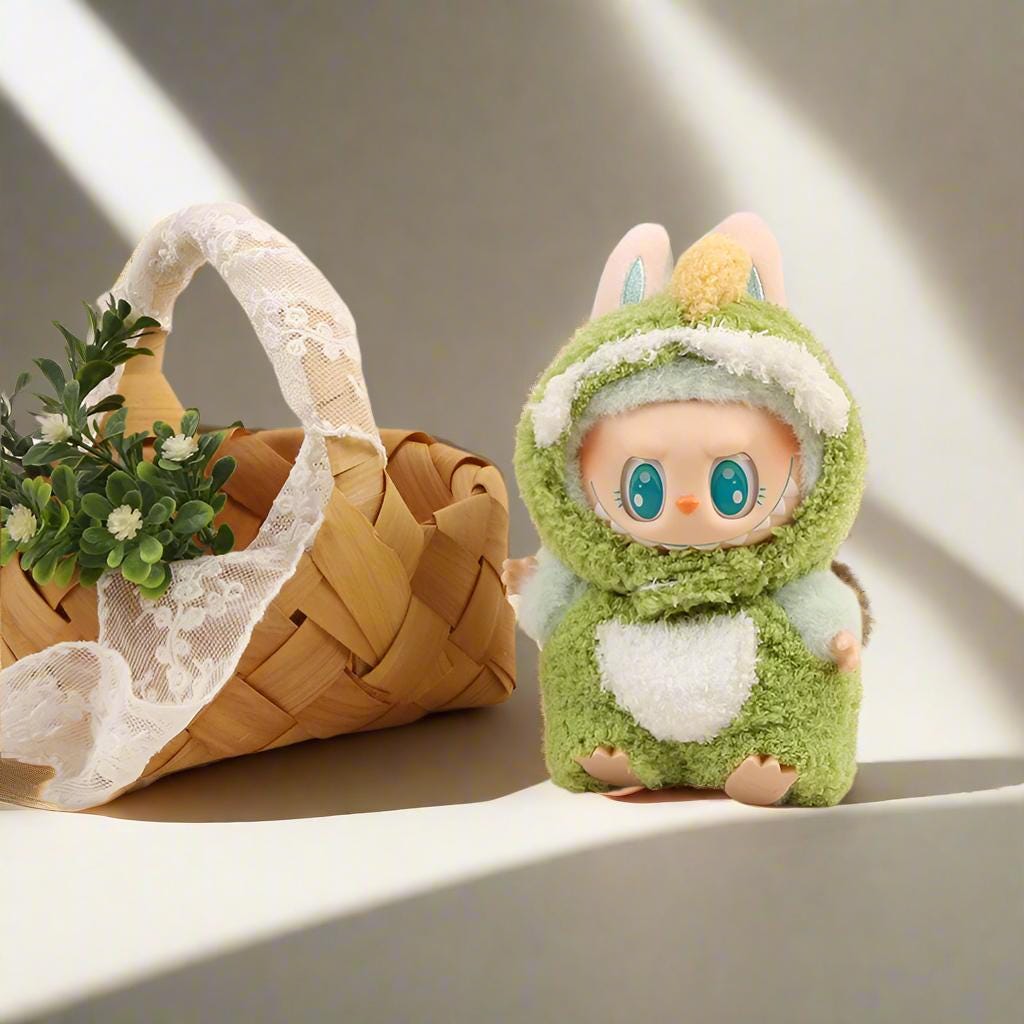 Green Dino Labubu Pajama Outfit – Handmade Plush Romper for Labubu Figure | Cozy Dinosaur Costume with Spikes & Tail