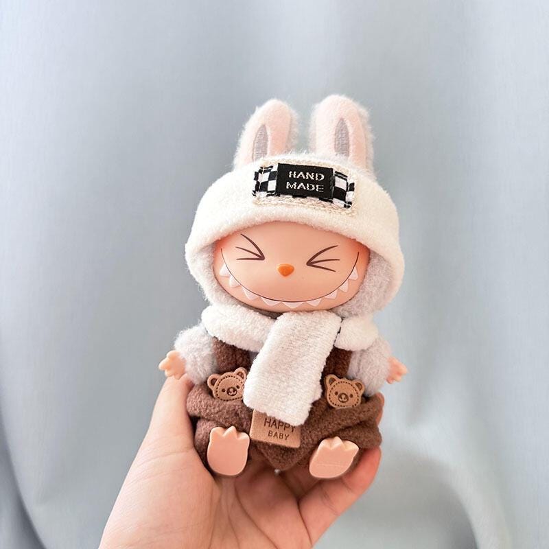 Handmade Bunny Doll Outfit – Cozy Plush Romper with Bear Pockets & Scarf | Winter Doll Clothing for bubu Collectible