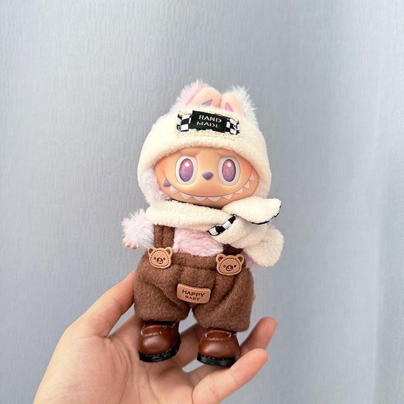 Handmade Bunny Doll Outfit – Cozy Plush Romper with Bear Pockets & Scarf | Winter Doll Clothing for bubu Collectible