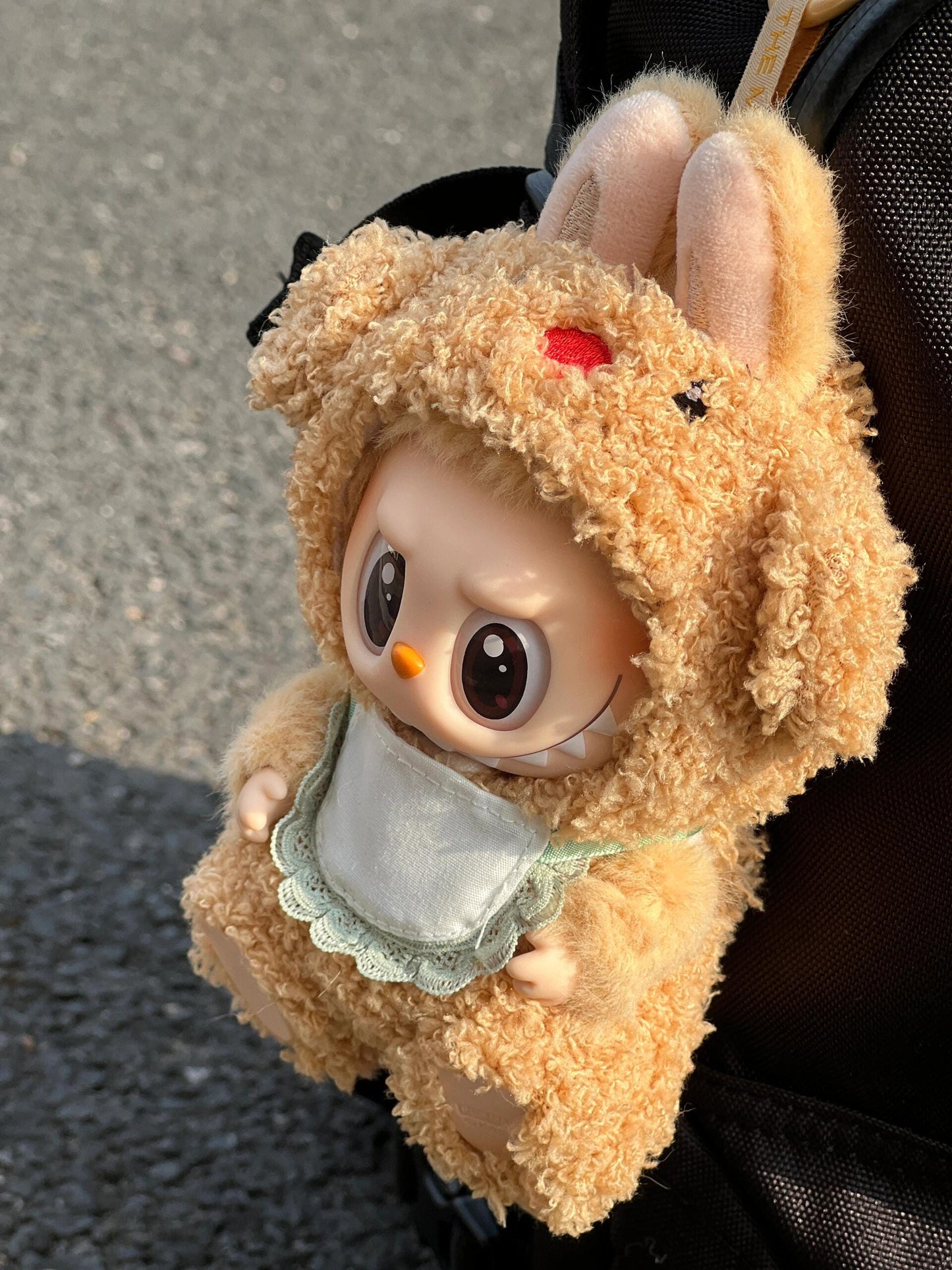 Caramel Bunny Doll Outfit – Handmade Plush Romper with Embroidered Face & Lace Bib | Soft Baby-Themed Doll Clothes for bubu Collectible