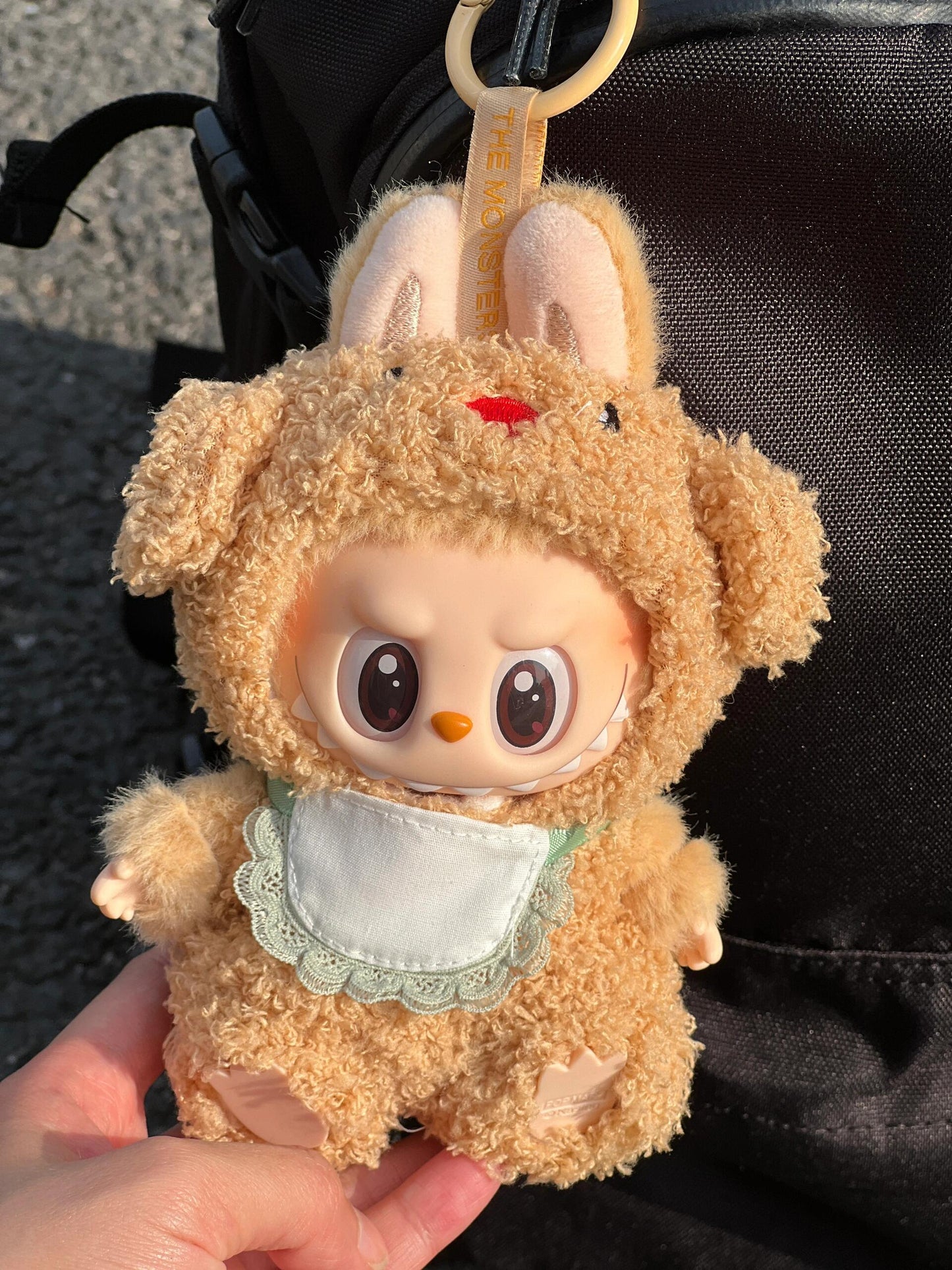 Caramel Bunny Doll Outfit – Handmade Plush Romper with Embroidered Face & Lace Bib | Soft Baby-Themed Doll Clothes for bubu Collectible