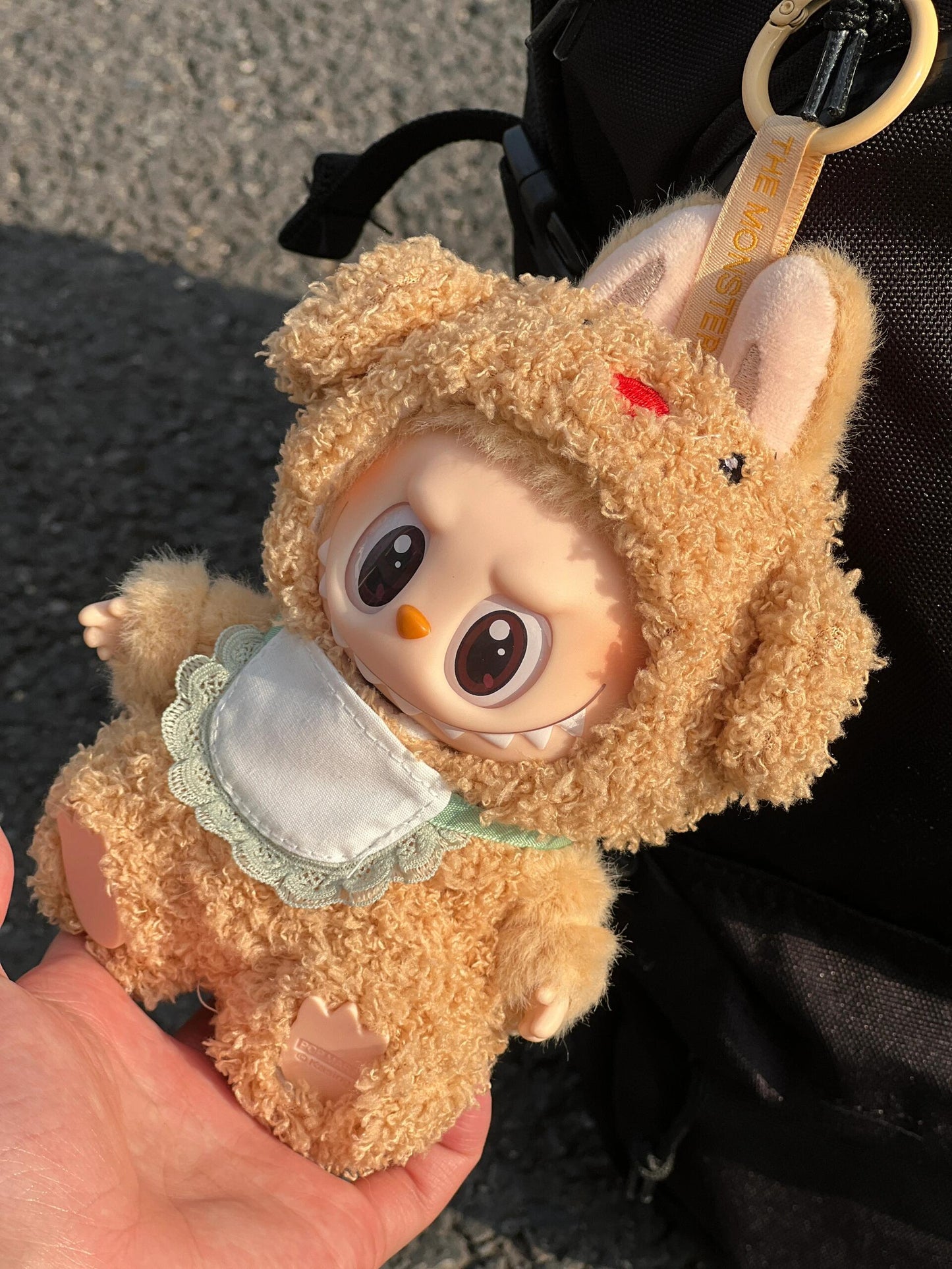 Caramel Bunny Doll Outfit – Handmade Plush Romper with Embroidered Face & Lace Bib | Soft Baby-Themed Doll Clothes for bubu Collectible