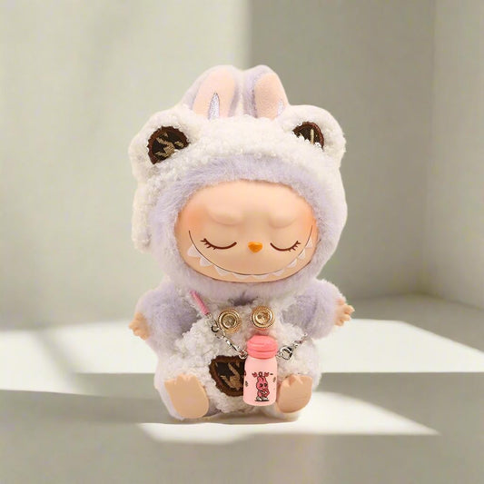 Labubu Plush Pajama Set – Bunny Hoodie Romper with Milk Bottle Bag | Cozy Handmade Doll Clothes for Labubu Collectible