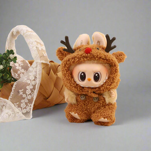 Labubu Reindeer Outfit – Handmade Plush Christmas Costume with Antlers & Red Nose | Holiday Doll Clothes for Labubu Collectible