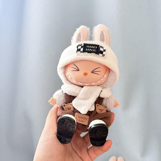 Handmade Bunny Doll Outfit – Cozy Plush Romper with Bear Pockets & Scarf | Winter Doll Clothing for bubu Collectible